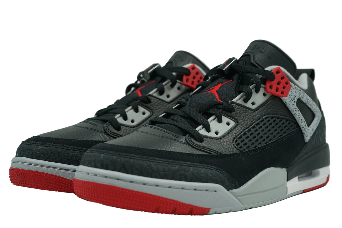 Brand new Air Jordan Spizike Low Black Cement, front view with cement print toe