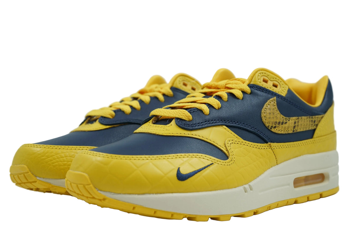 Brand new Air Max 1 CO.JP Michigan, front view of navy leather toe and maize snakeskin mudguard