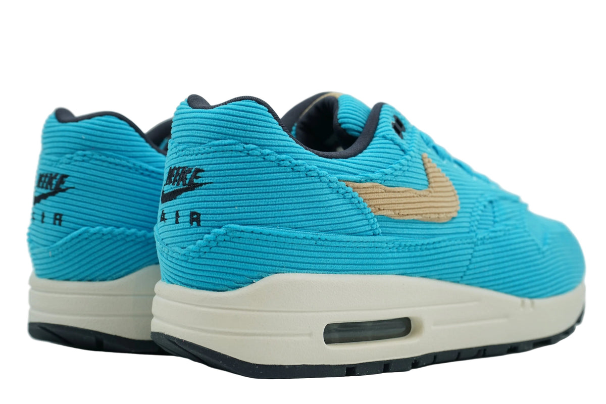 Brand new Air Max 1 Corduroy Baltic Blue FB8915-400, back view with Gridiron grey lining