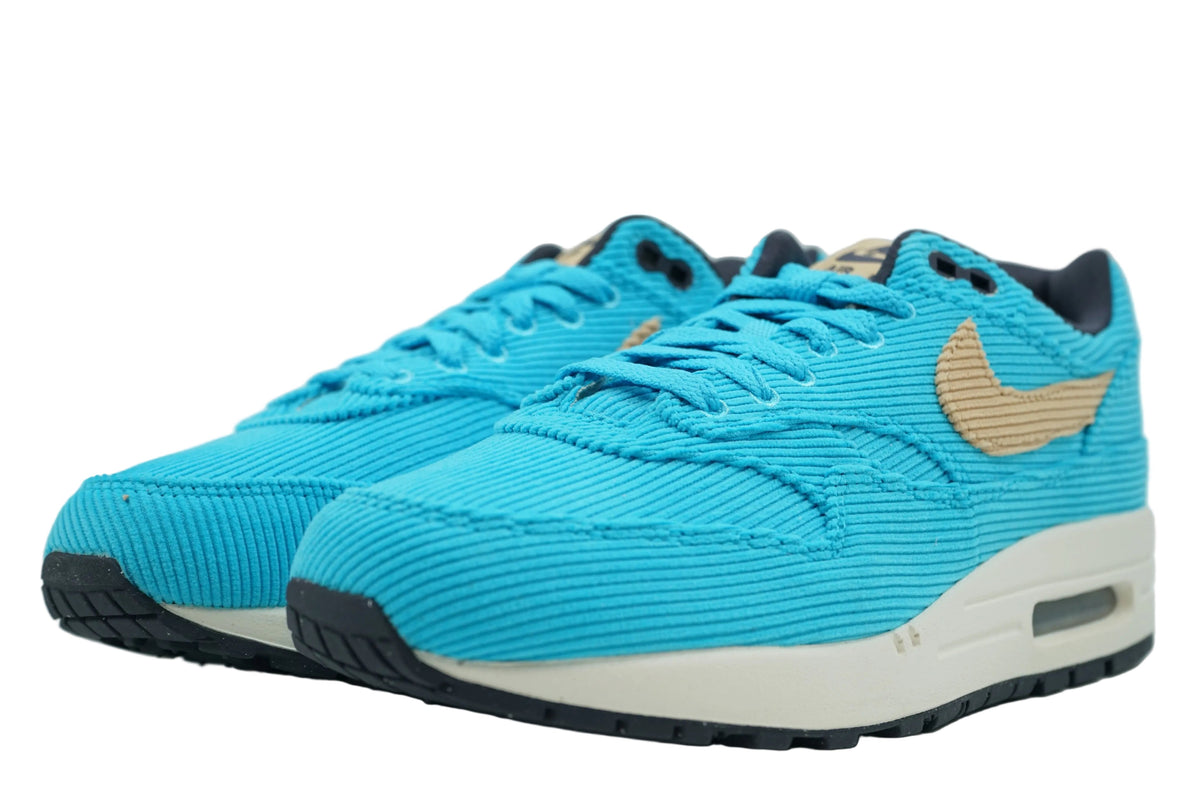 Brand new Air Max 1 Corduroy Baltic Blue, front view of Baltic Blue corduroy toe