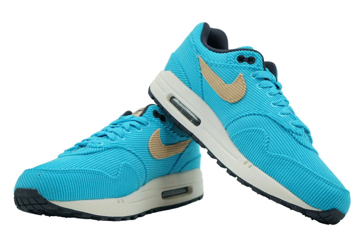 Pair of brand new Air Max 1 Corduroy Baltic Blue in Baltic Blue and Sesame corduroy