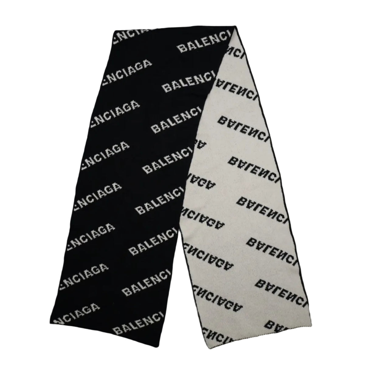 Balenciaga allover logo scarf laid out full length, showing black side and reversed white side