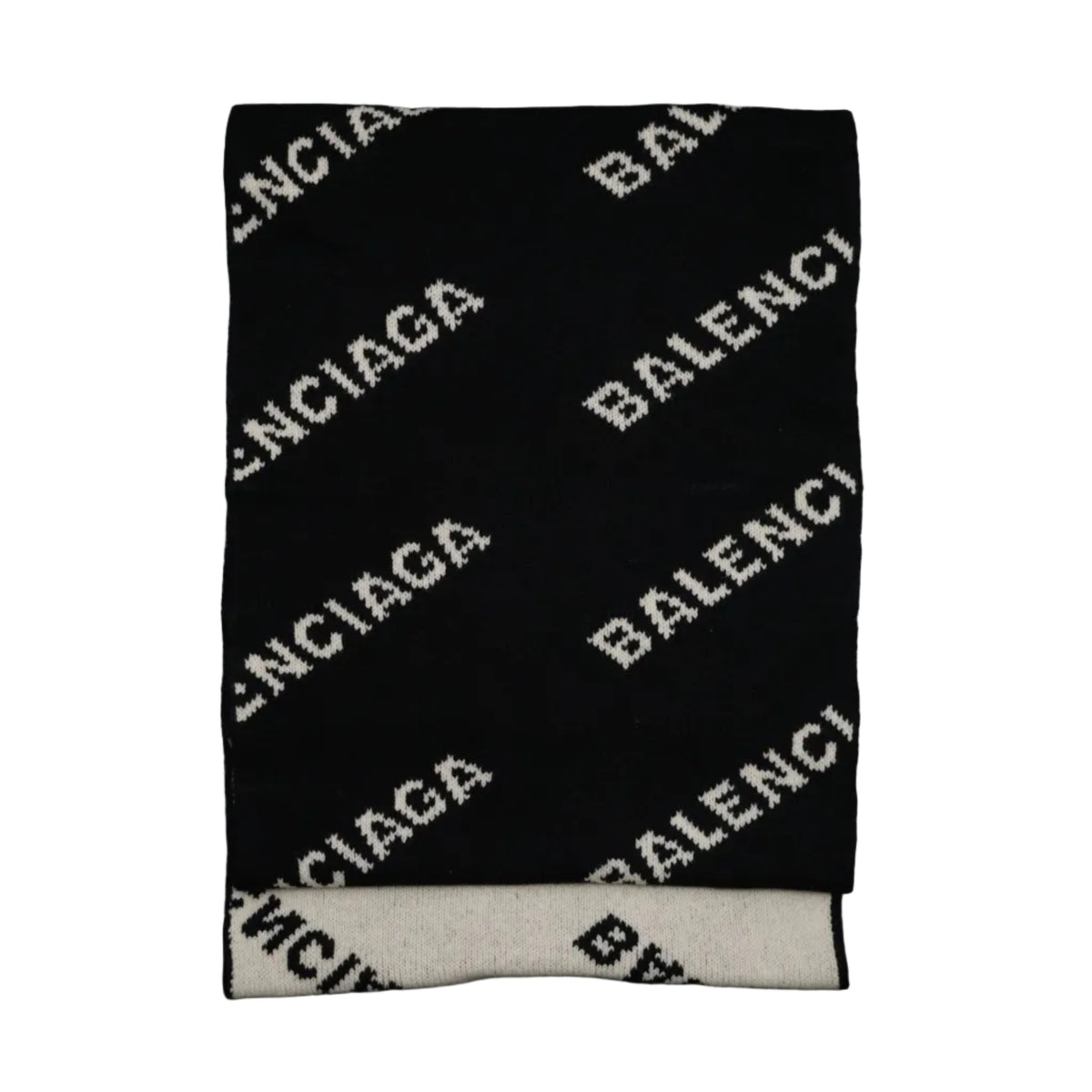 Balenciaga allover logo knit scarf in black with white diagonal logo jacquard, reversible to white side