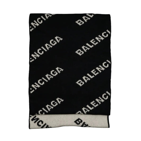 Balenciaga allover logo knit scarf in black with white diagonal logo jacquard, reversible to white side