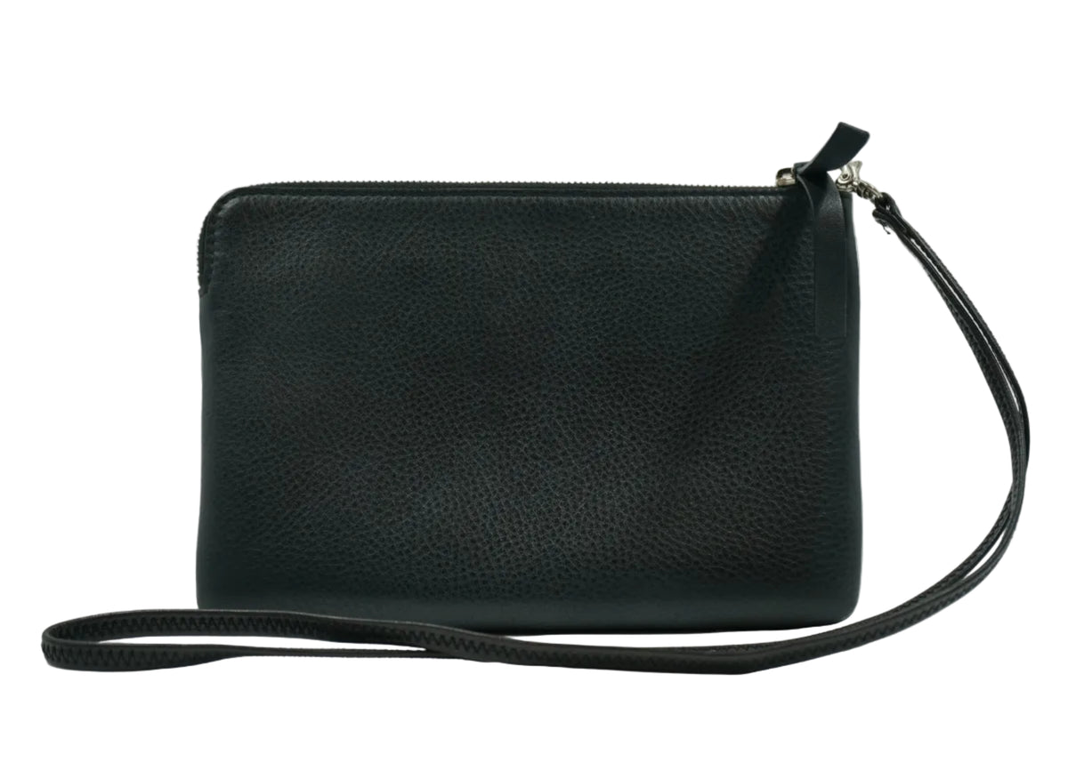 Pre-owned Balenciaga logo leather pouch in black grained leather with long strap, plain back view