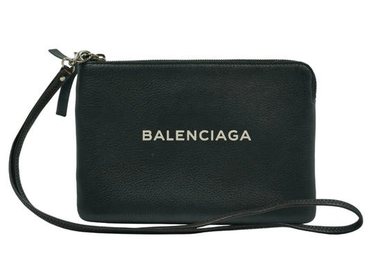 Pre-owned Balenciaga logo leather pouch in black with white logo print and long strap, front view