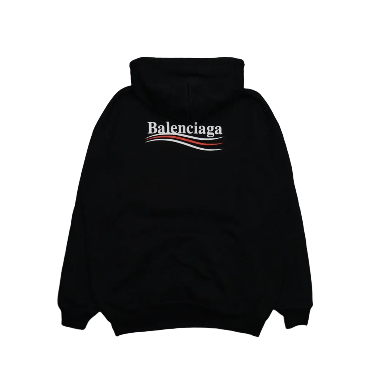 Pre-owned Balenciaga Political Campaign hoodie in black, back view with large campaign logo print