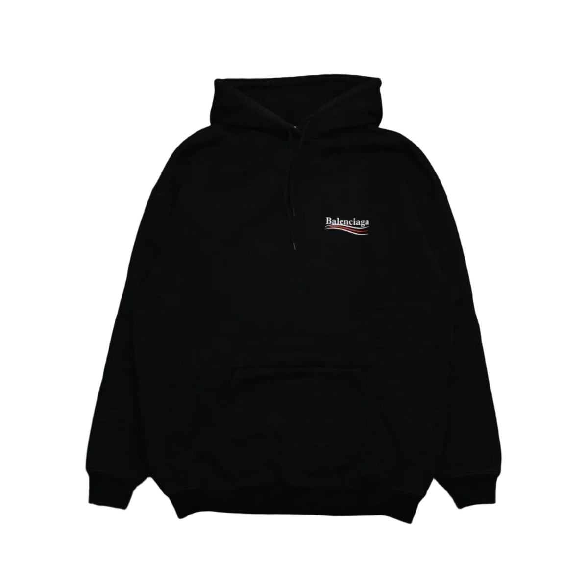 Pre-owned Balenciaga Political Campaign hoodie in black with red and white campaign logo, front view