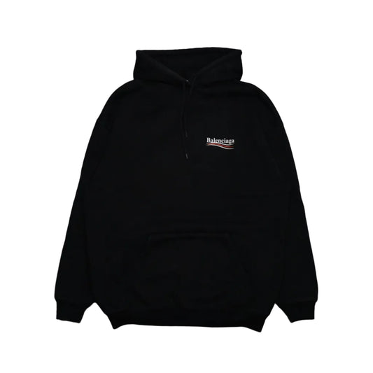 Pre-owned Balenciaga Political Campaign hoodie in black with red and white campaign logo, front view
