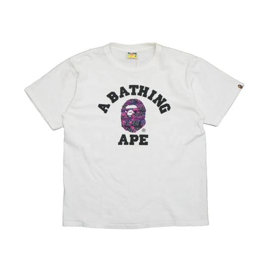 Pre-owned BAPE white T-shirt with black A Bathing Ape college print and purple camo ape head, front view