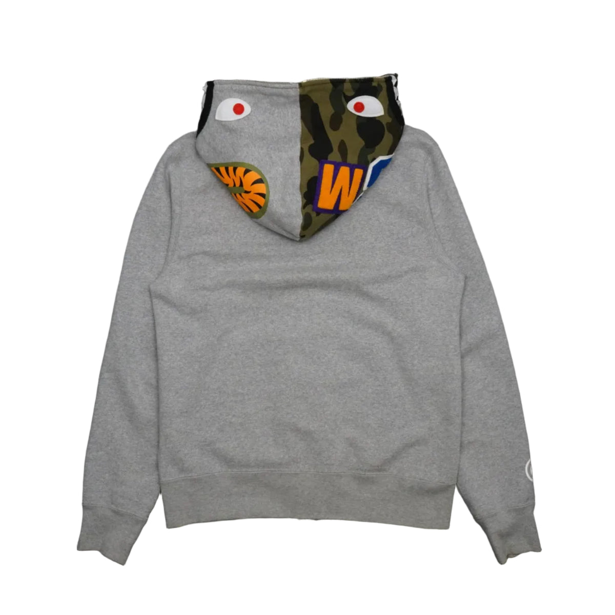Pre-owned BAPE Shark Full Zip Hoodie in grey, back view of hood with shark eyes and WGM felt patches