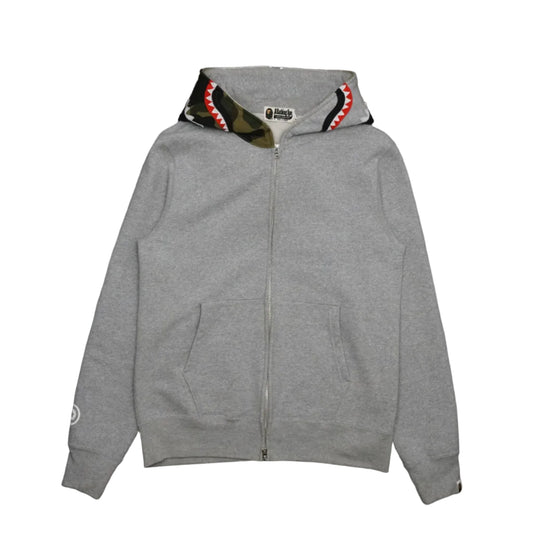 Pre-owned BAPE Shark Full Zip Hoodie in grey with 1st Camo and black shark hood, front view unzipped