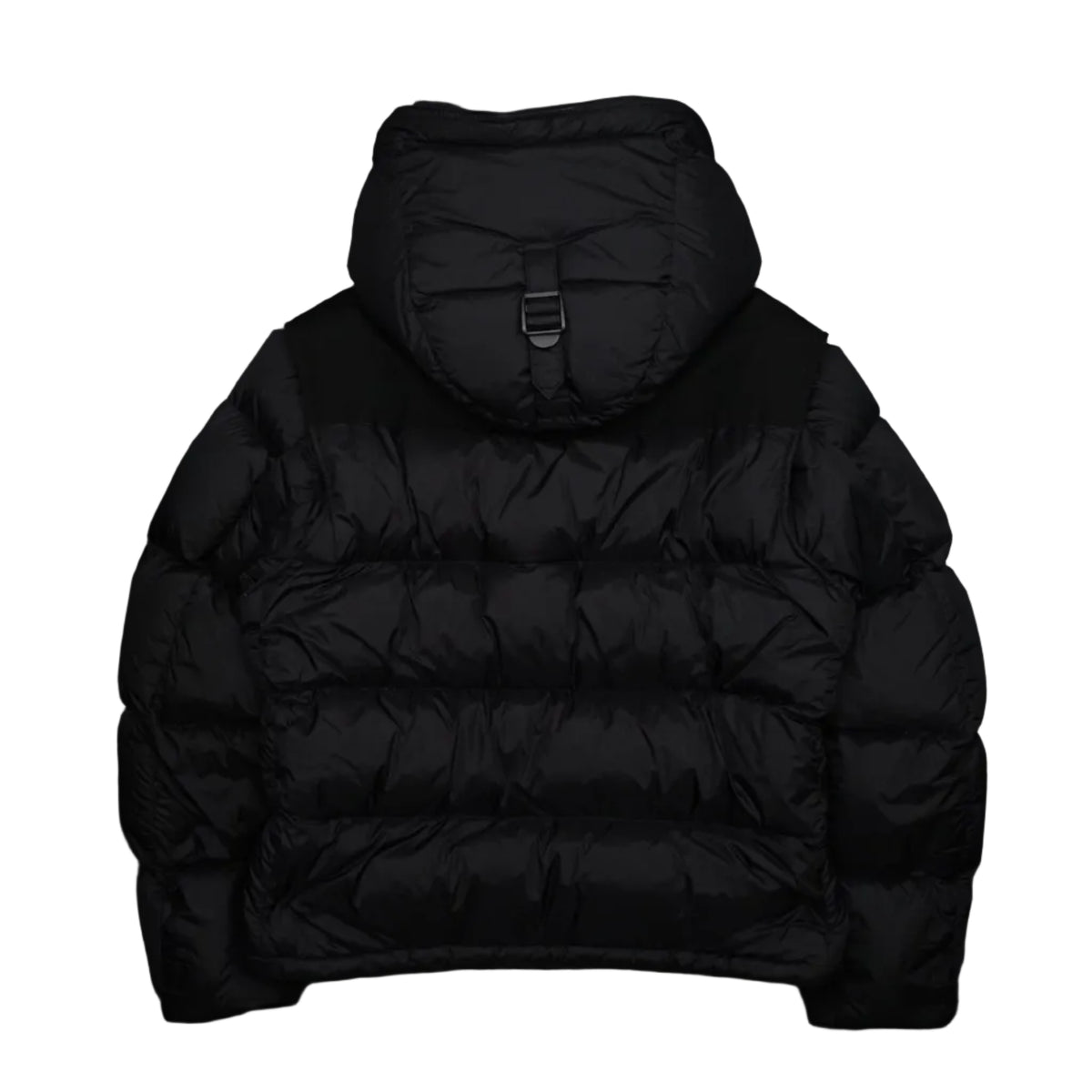 Pre-owned Burberry hooded puffer jacket in black, back view with adjustable buckle strap on hood