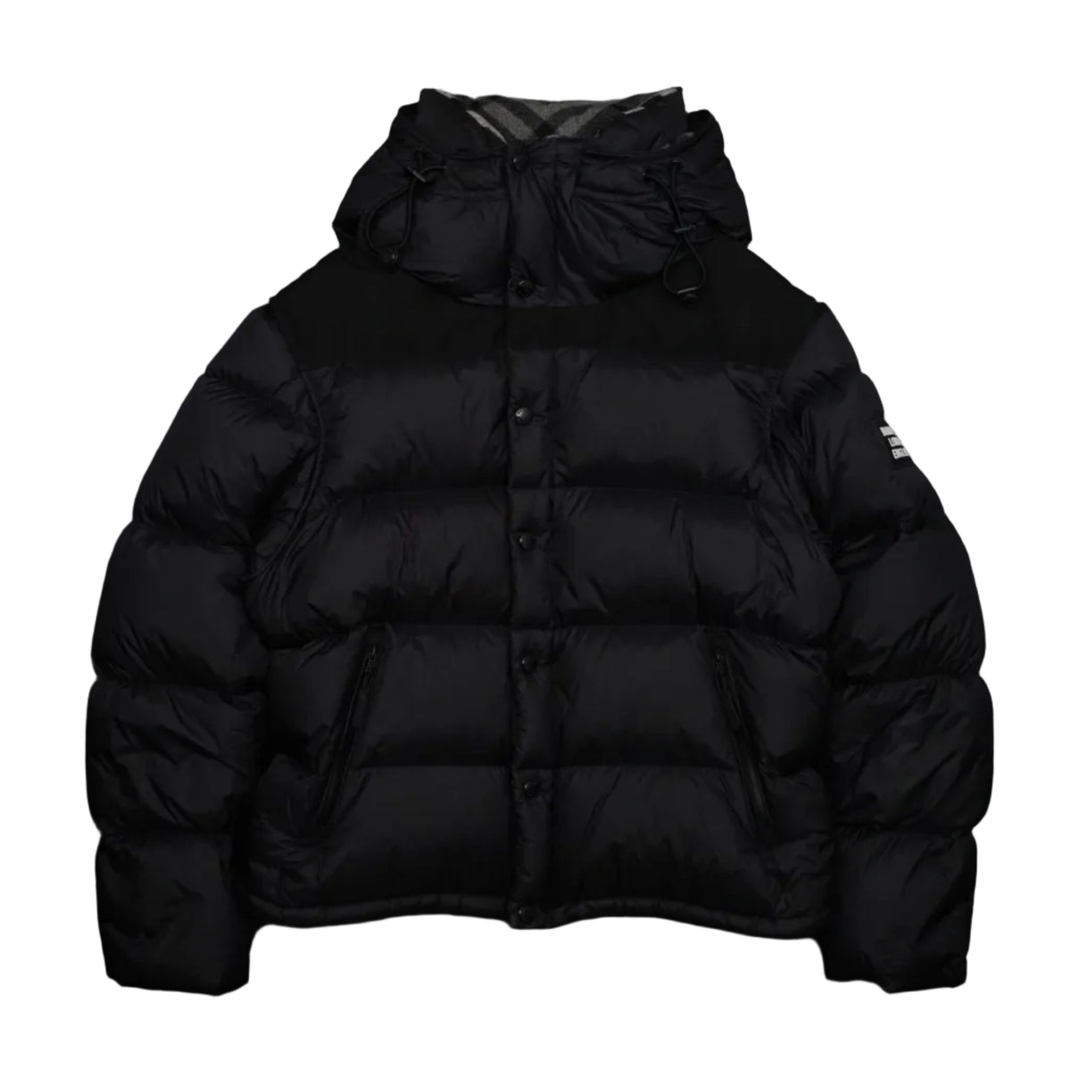 Pre-owned Burberry hooded puffer jacket in black with check-lined hood and logo sleeve patch, front view