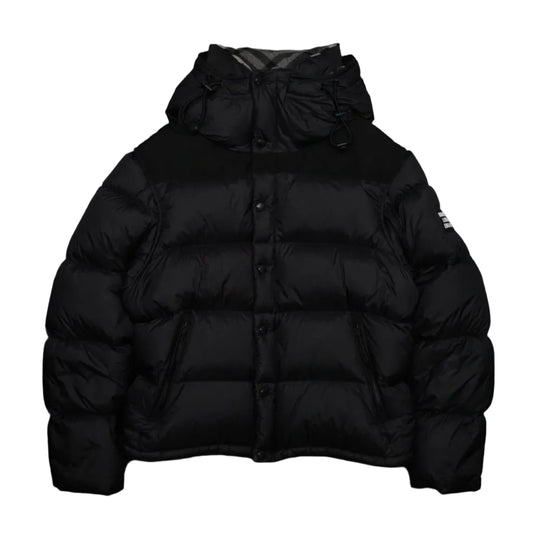 Pre-owned Burberry hooded puffer jacket in black with check-lined hood and logo sleeve patch, front view