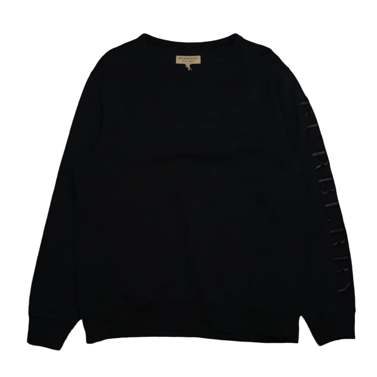 Pre-owned Burberry black crewneck sweatshirt with tonal embroidered Burberry logo on sleeve, front view