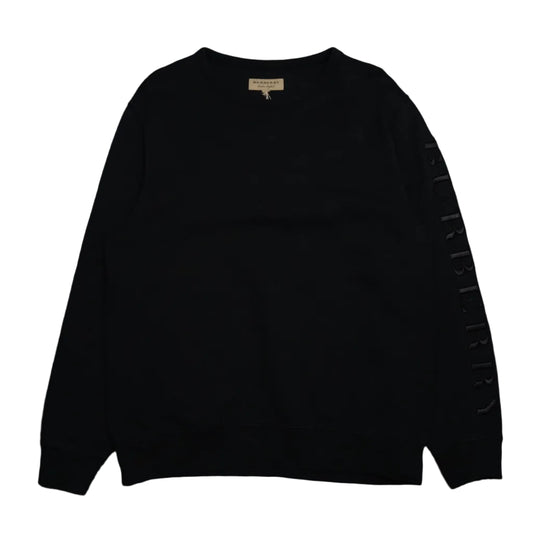 Pre-owned Burberry black crewneck sweatshirt with tonal embroidered Burberry logo on sleeve, front view
