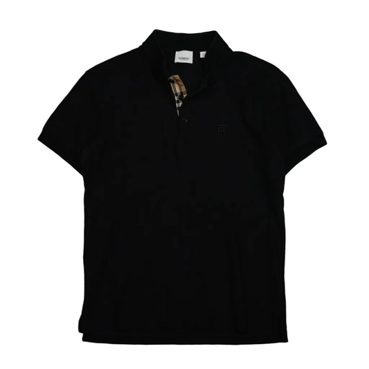 Pre-owned Burberry black cotton piqué polo shirt with Vintage Check placket and tonal TB monogram, front view