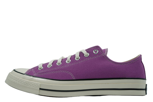 Converse Chuck 70 Ox 'My Jam' featuring a premium berry purple canvas upper, glossy egret rubber midsole, and vintage license plate. Classic low-top sneaker available at our Malmö store or order online now.