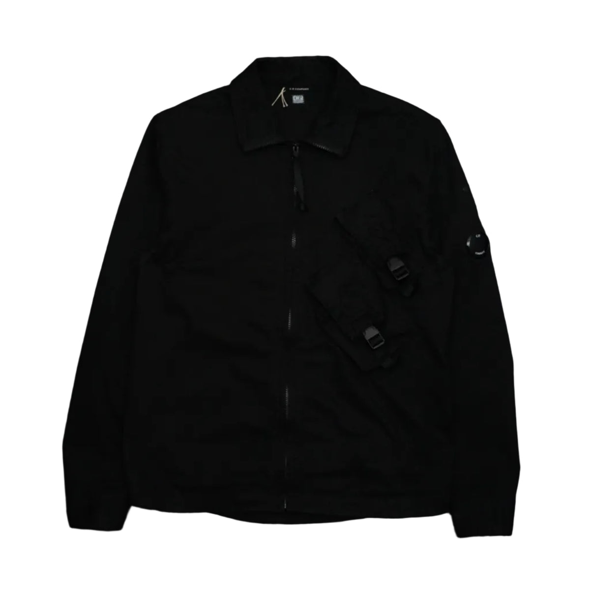 Pre-owned C.P. Company black gabardine overshirt with zip front, buckle chest pocket and sleeve lens