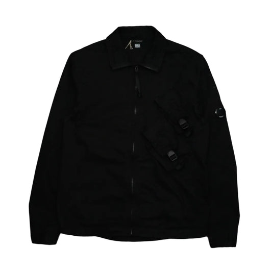 Pre-owned C.P. Company black gabardine overshirt with zip front, buckle chest pocket and sleeve lens