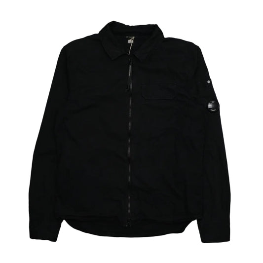 Pre-owned C.P. Company black zip overshirt with lens detail on sleeve and chest flap pocket, front view