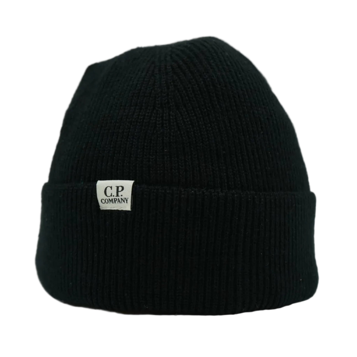 C.P. Company ribbed knit beanie in black with white logo label on cuff, front view
