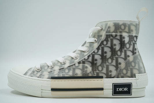 Pre-owned Dior B23 high-top sneaker in white and black Dior Oblique canvas, side view