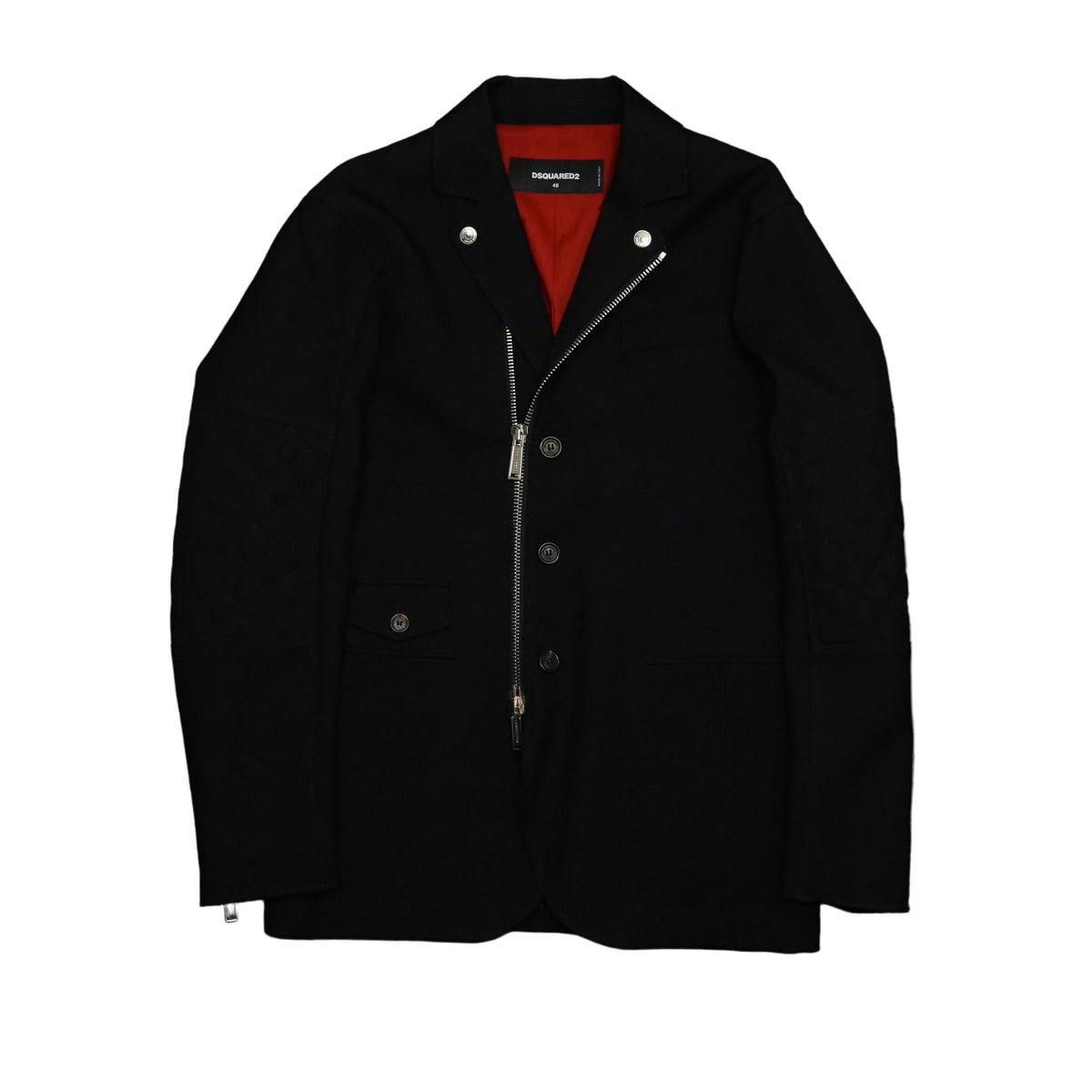Pre-owned Dsquared2 black biker blazer with asymmetric zip, snap lapels and red lining, front view