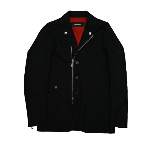 Pre-owned Dsquared2 black biker blazer with asymmetric zip, snap lapels and red lining, front view