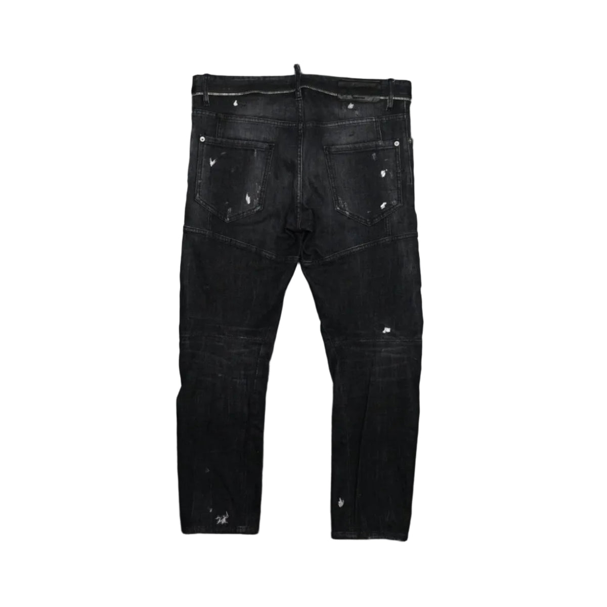 Pre-owned Dsquared2 black biker jeans with zip waistband trim and paint marks, back view with seamed panels