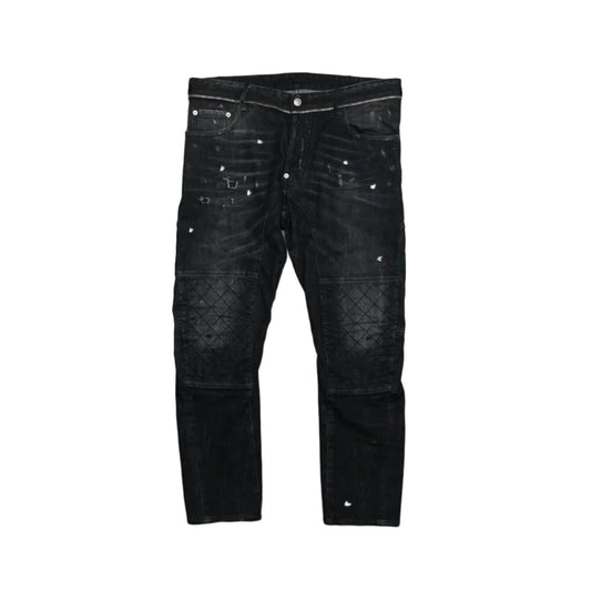 Pre-owned Dsquared2 black biker jeans with quilted knee panels, zip waistband trim and distressing, front view