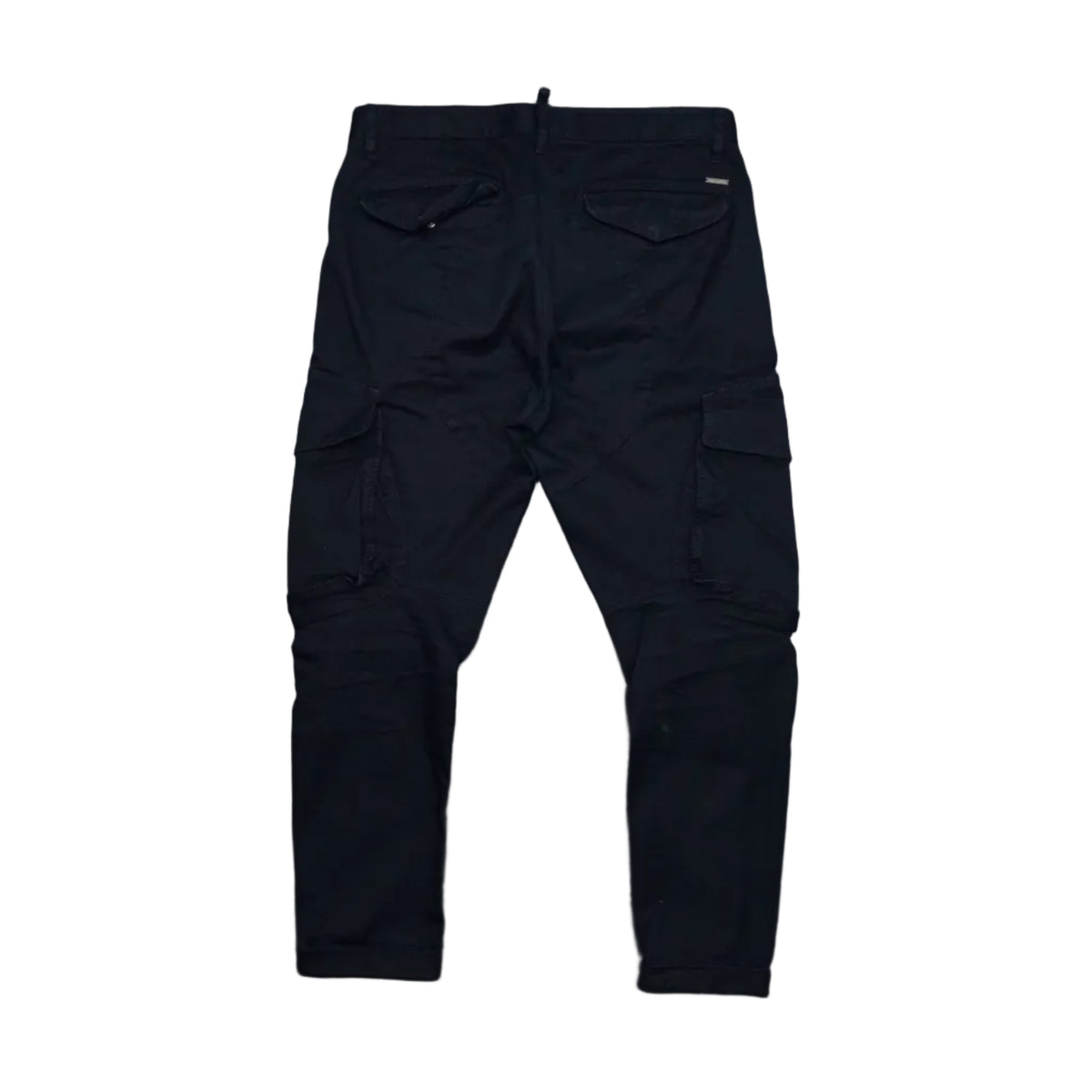 Pre-owned Dsquared2 cargo pants in navy, back view with flap back pockets and metal logo plaque
