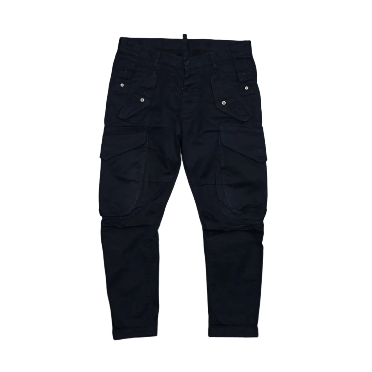 Pre-owned Dsquared2 cargo pants in navy with flap cargo pockets and snap button details, front view