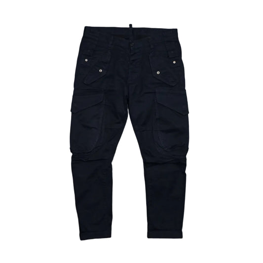 Pre-owned Dsquared2 cargo pants in navy with flap cargo pockets and snap button details, front view