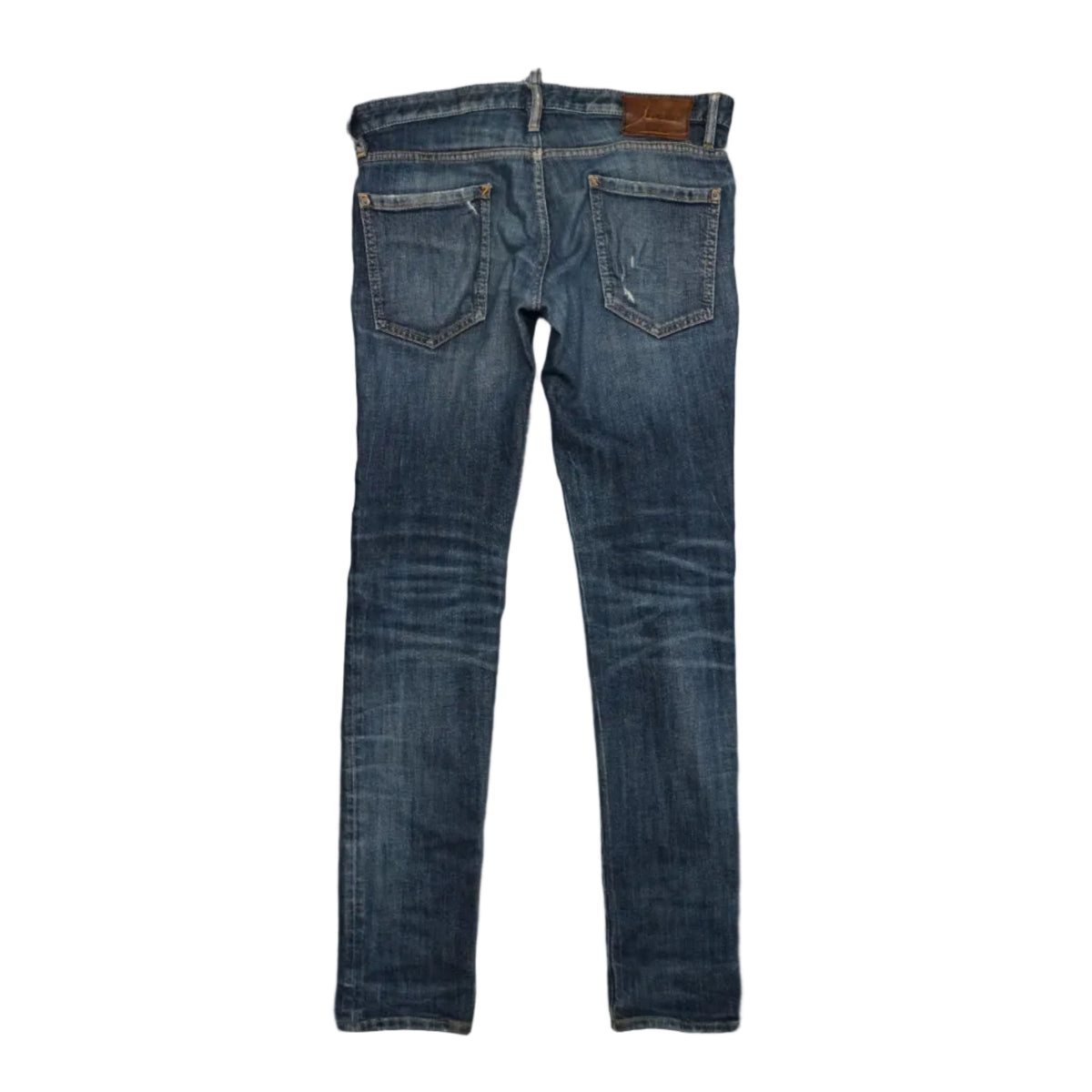 Pre-owned Dsquared2 distressed jeans in blue wash with brown leather patch and distressed back pockets, back view