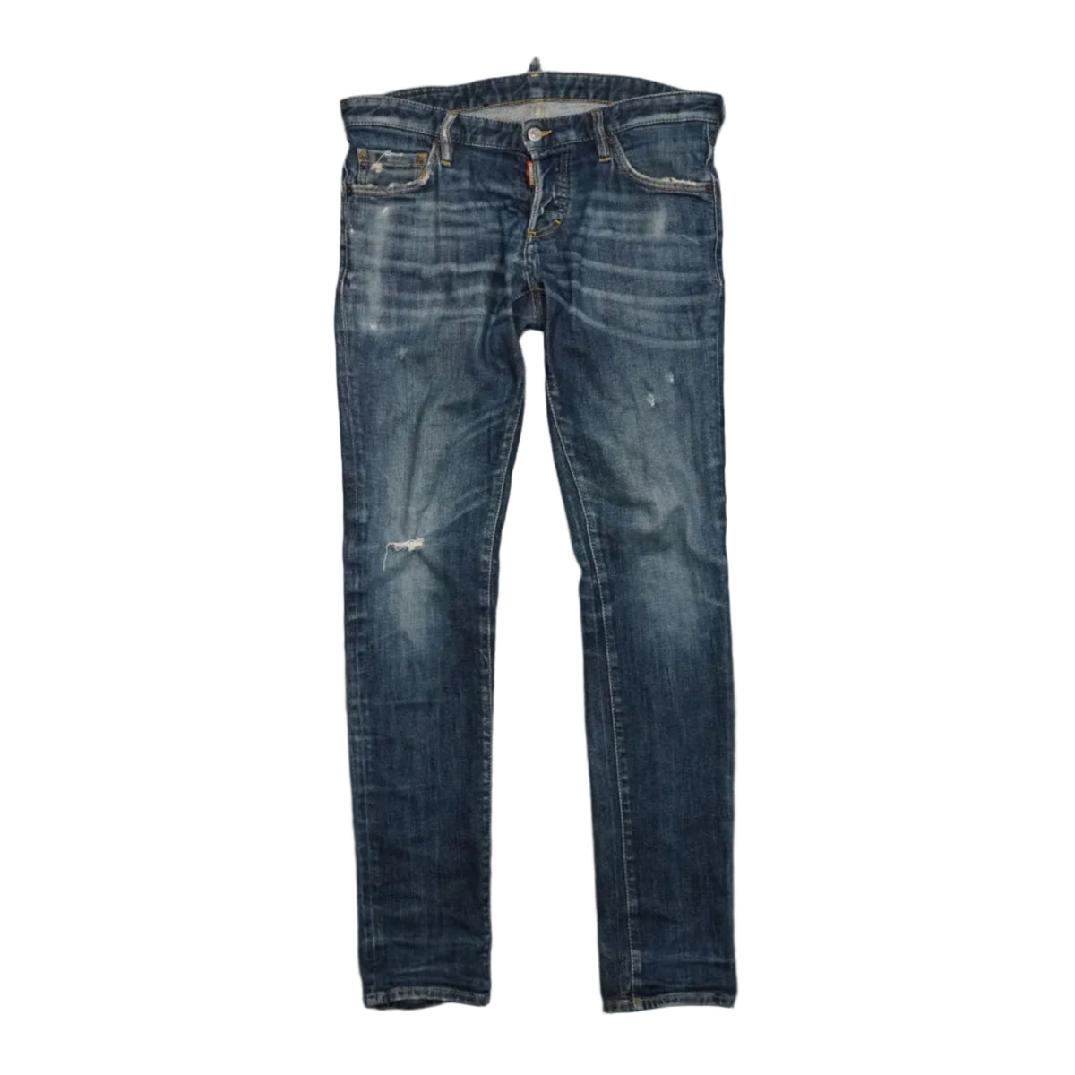 Pre-owned Dsquared2 jeans in blue wash with factory-distressed knee rip, abrasions and whiskering, front view