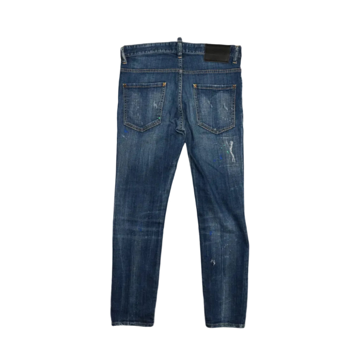 Pre-owned Dsquared2 distressed jeans in dark blue wash with paint splatter, back view with leather patch
