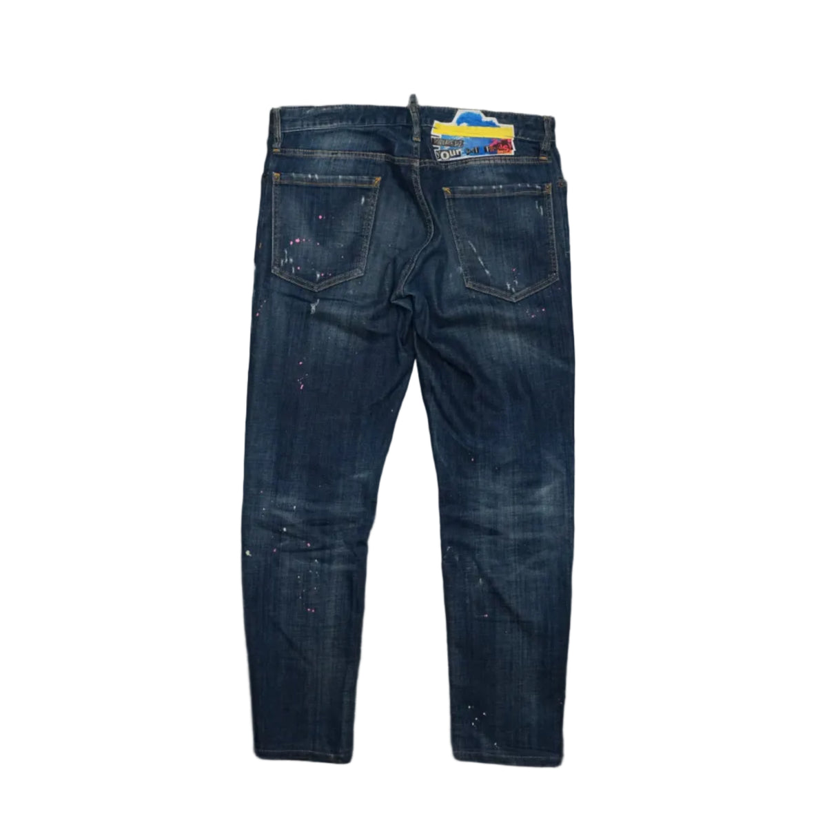 Pre-owned Dsquared2 distressed jeans in dark blue wash with paint splatter, back view with collage patch