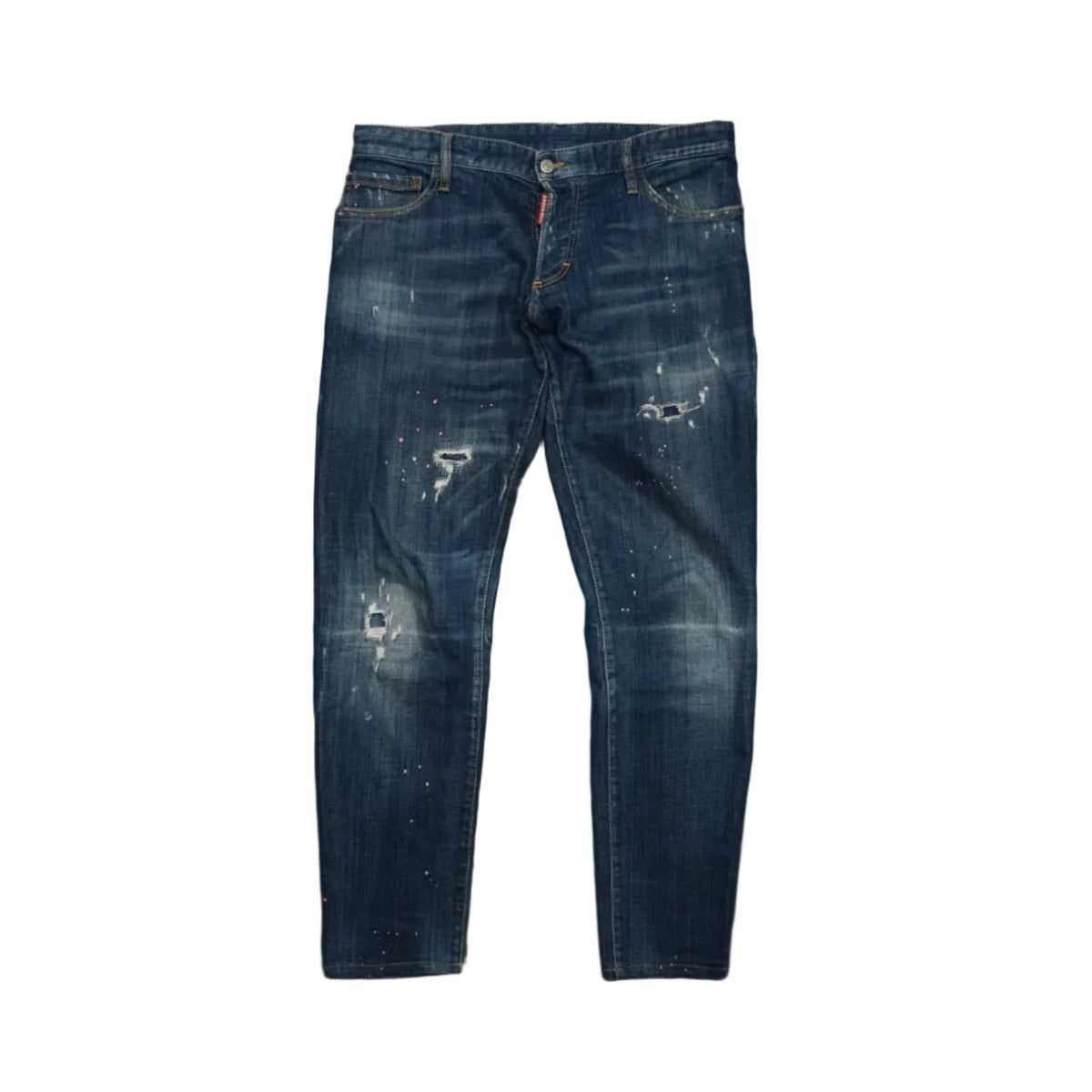Pre-owned Dsquared2 distressed jeans in dark blue wash with rips and pink and white paint splatter, front view