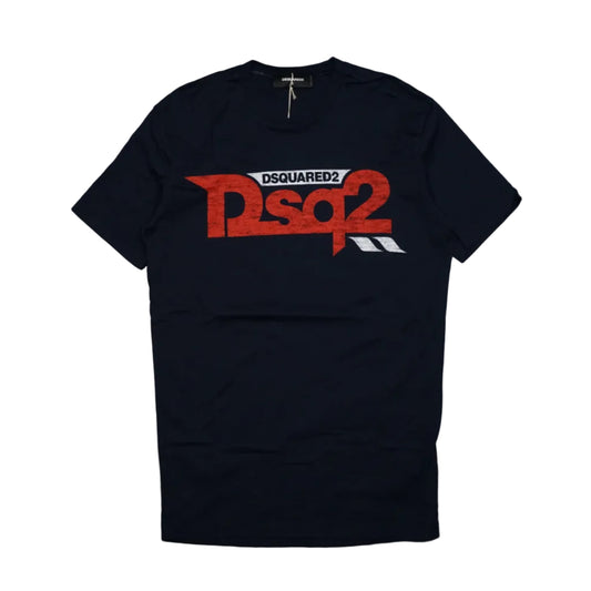 Pre-owned Dsquared2 black cotton T-shirt with red and white Dsq2 logo print on the chest, front view