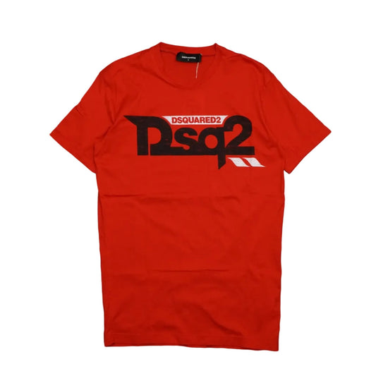 Dsquared2 red cotton T-shirt with black and white Dsq2 logo print on the chest, front view