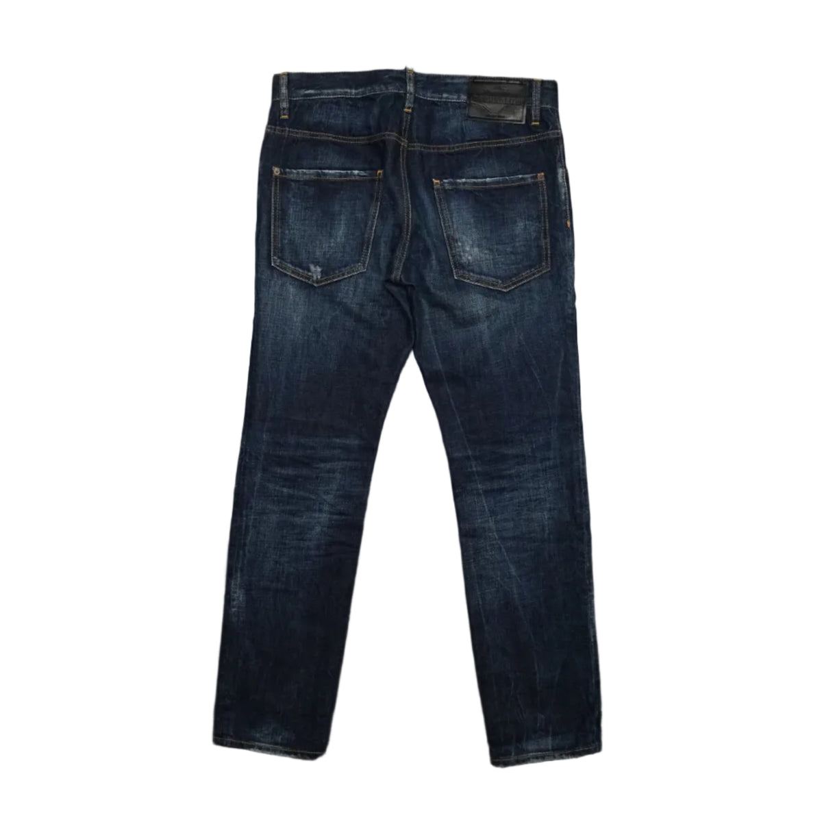 Pre-owned Dsquared2 Icon jeans in dark blue wash, back view with black leather logo patch and fading