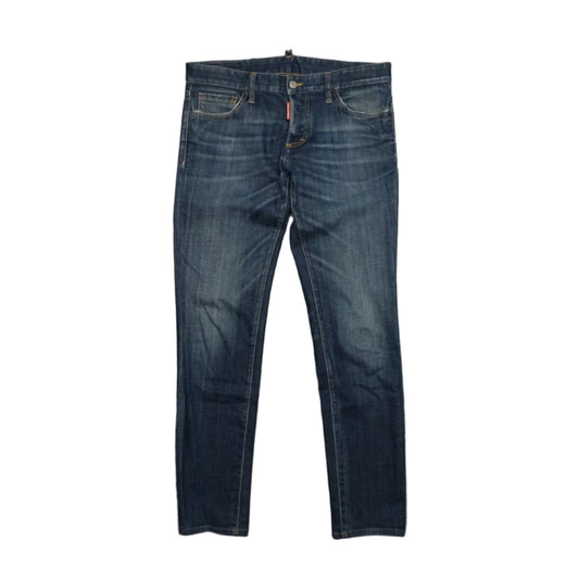 Dsquared2 jeans in dark blue wash with light fading, red tab and button fly, slim fit, front view