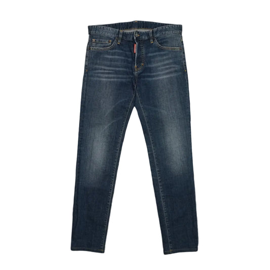 Pre-owned Dsquared2 jeans in dark blue wash with faded whiskering and red logo tab, front view