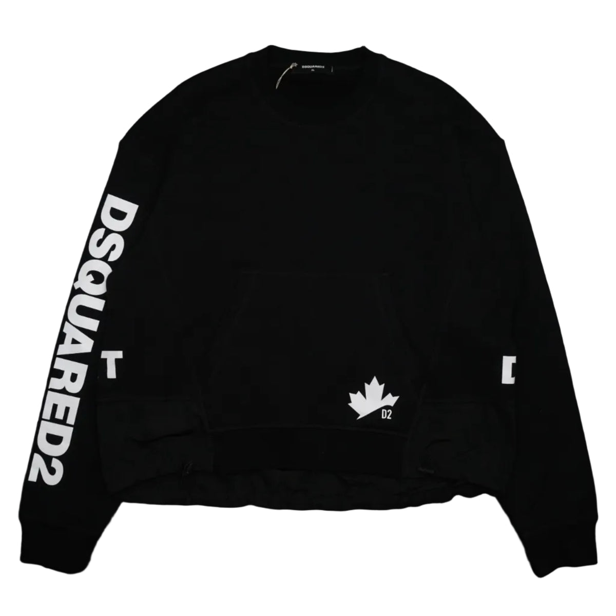 Pre-owned Dsquared2 black crewneck sweatshirt with sleeve logo print, maple leaf logo and kangaroo pocket, front view