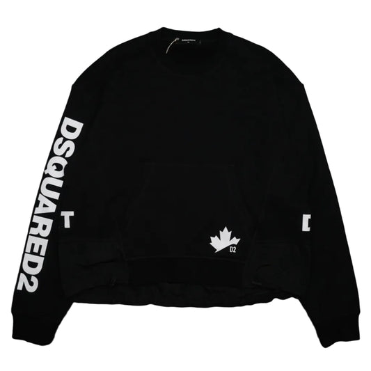 Pre-owned Dsquared2 black crewneck sweatshirt with sleeve logo print, maple leaf logo and kangaroo pocket, front view