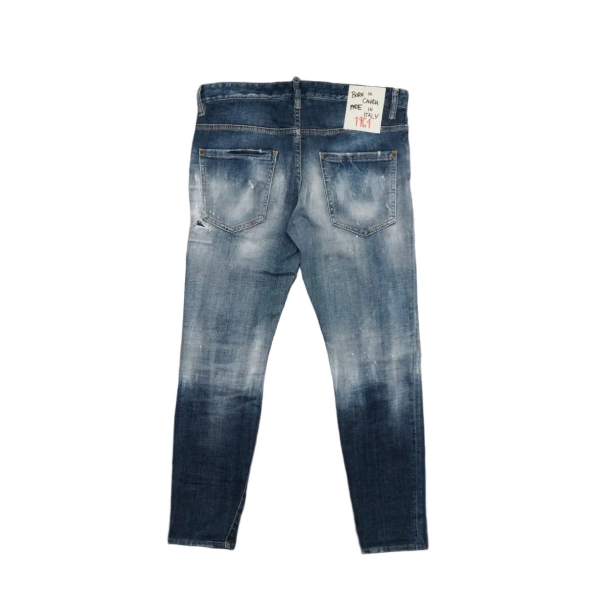 Pre-owned Dsquared2 patchwork jeans in faded blue wash, back view with Born in Canada Made in Italy patch