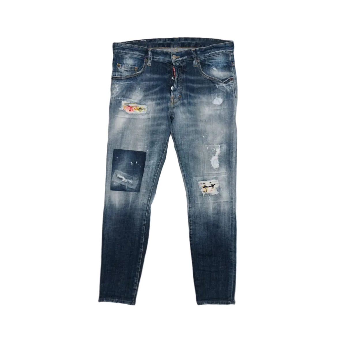 Pre-owned Dsquared2 distressed jeans in faded blue wash with floral and denim patchwork, front view