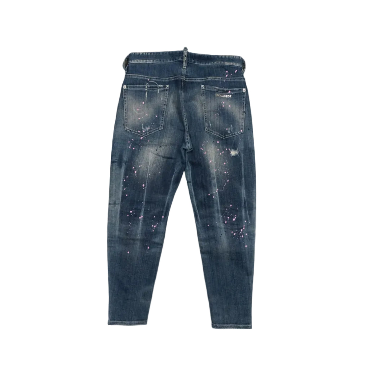 Pre-owned Dsquared2 relaxed jeans in blue wash with pink paint splatter, back view with logo print pocket